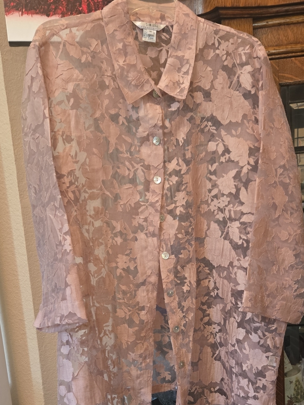 Sheer Floral Button-Front Tunic - Soft Pink 1x